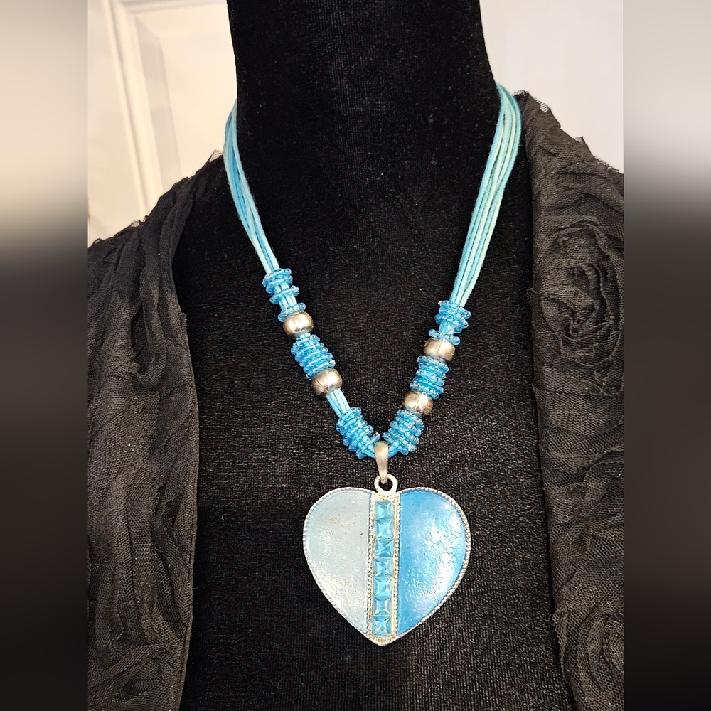 Blue Enamel & Rhinestones Multi-Strand Beaded Heart Pendant Necklace -